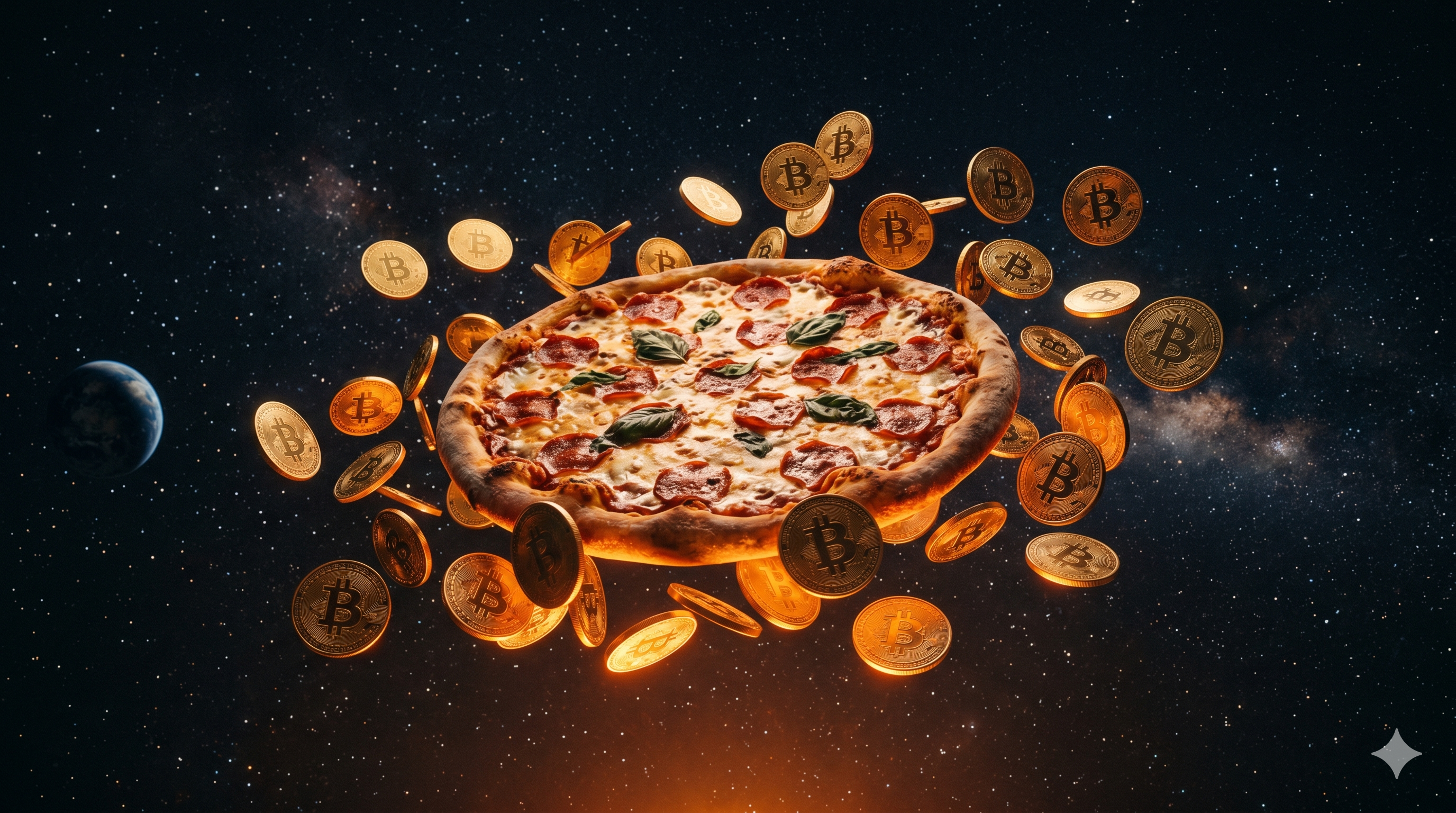Bitcoin Pizza Day — pizza flutuando no espaço com moedas de bitcoin