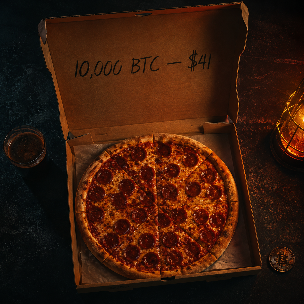 Caixa de pizza com a inscrição 10.000 BTC — $41